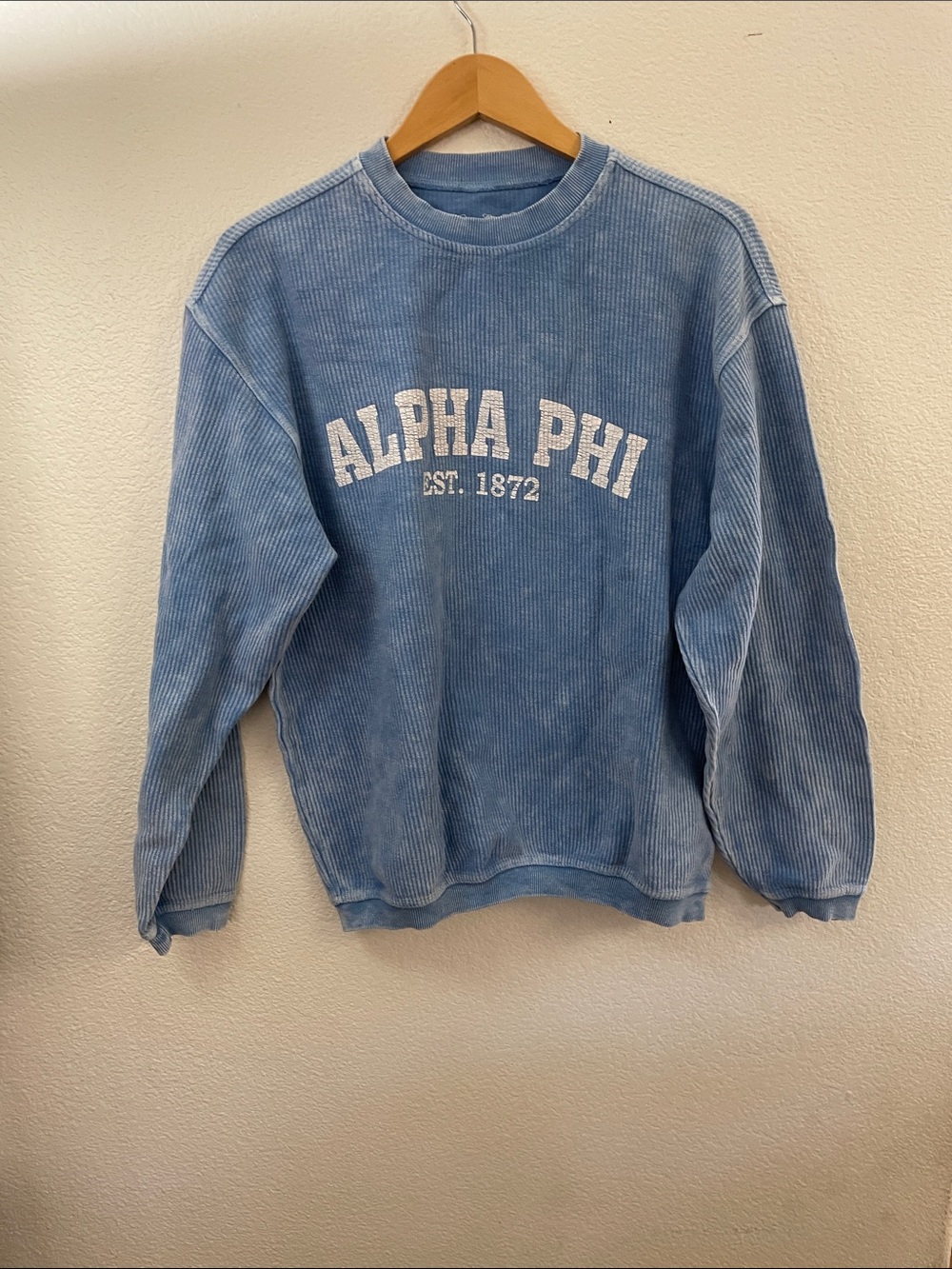 Corded Crew Alpha Phi Vintage-Style Blue waffle faded oversized cotton top S